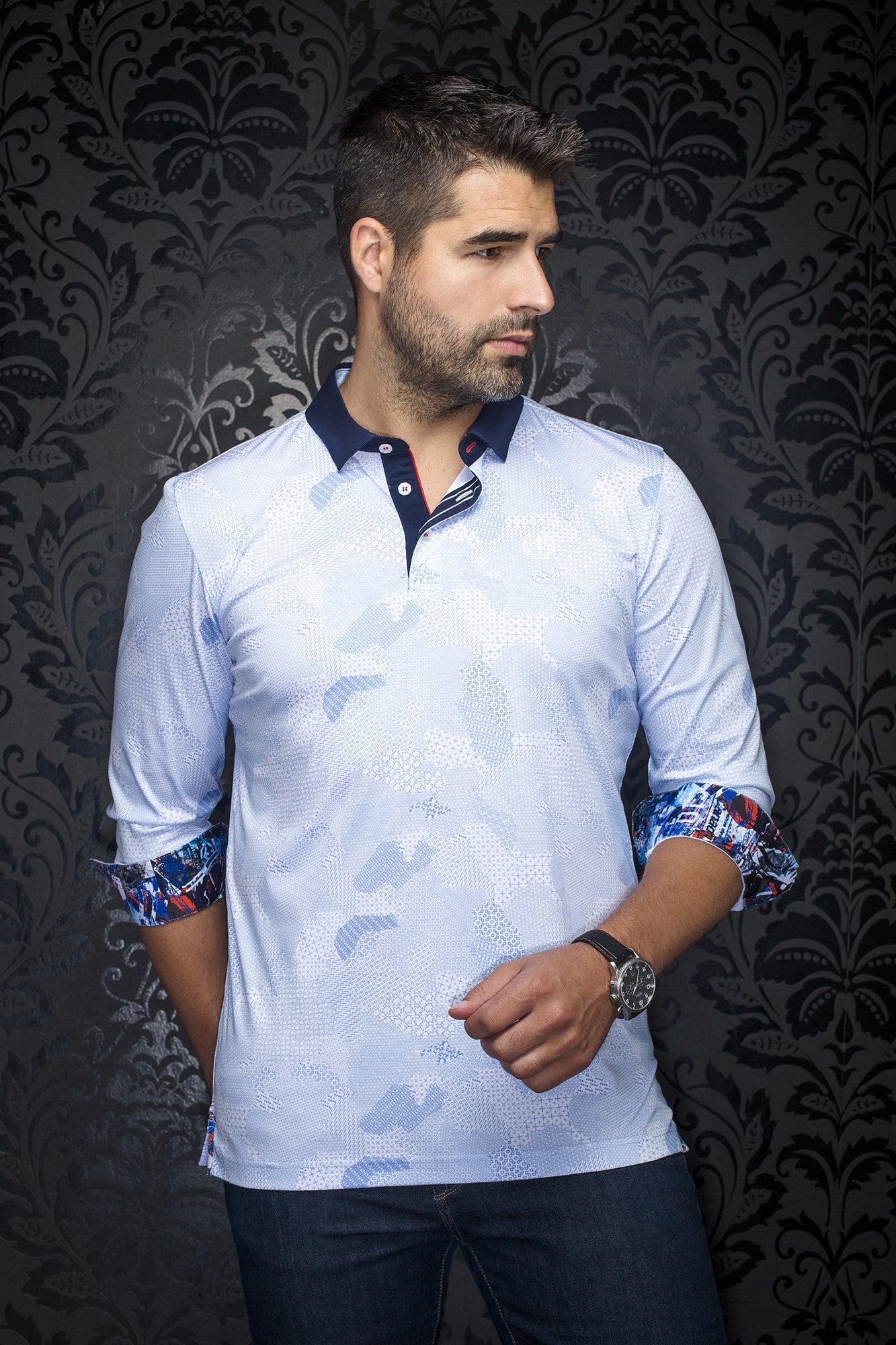 Polo manches longues pour homme par Au Noir | FRONTENAC Blanc Bleu | Boutique Vvög, inventaire complet de la marque Au Noir