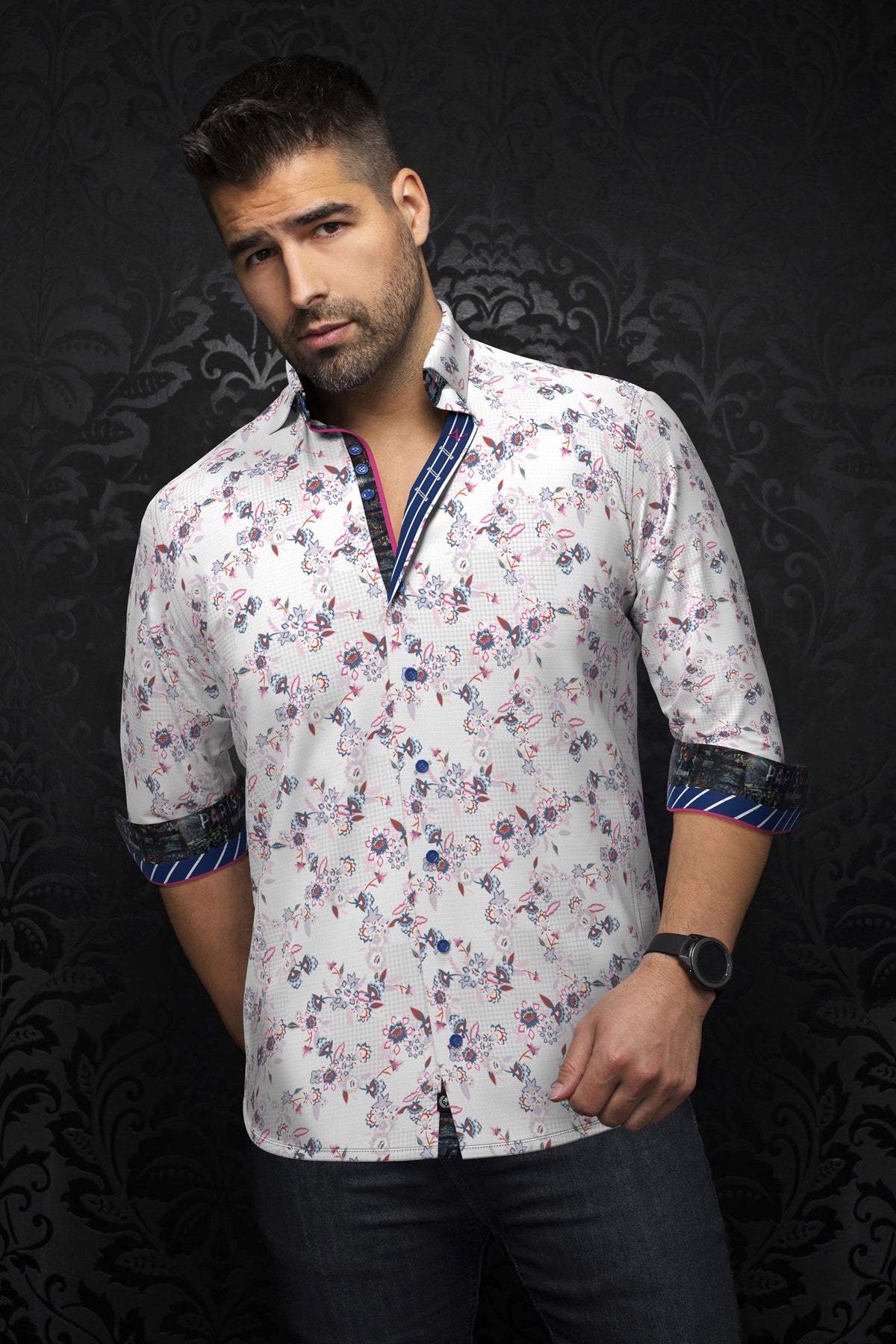 Chemise manches longues pour homme par Au Noir | LINERO Blanc Rose | Boutique Vvög, inventaire complet de la marque Au Noir