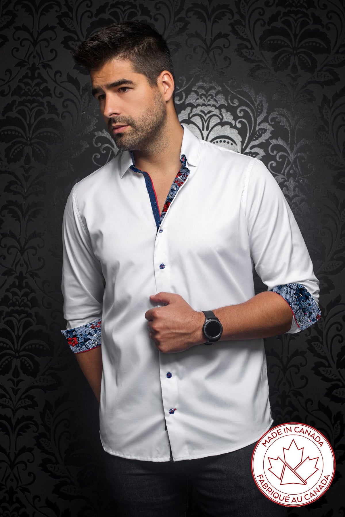 Chemise manches longues fabriquée au Canada par Au Noir - MC QUEEN white blue - Boutique Vvög, vêtements mode pour hommes