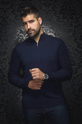 Chandail manches longues zip 1/4 en laine mérino pour homme par Au Noir | MESTA_QZ Marine | Boutique Vvög, inventaire complet de la marque Au Noir
