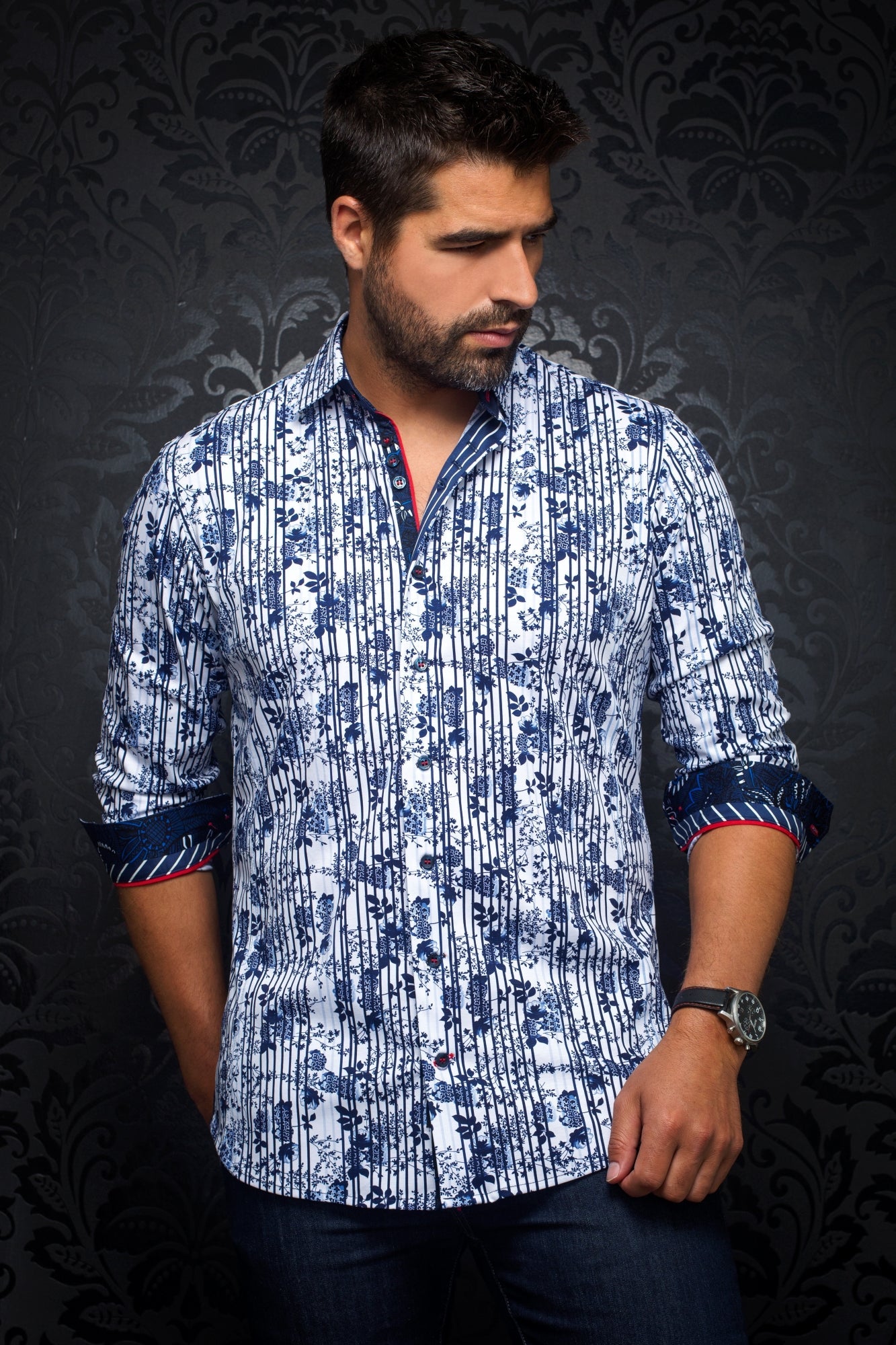 Chemise manches longues en Knit pour homme par Au Noir | RUBIO Marine Blanc/white navy | Vvog.ca, inventaire complet de la marque Au Noir