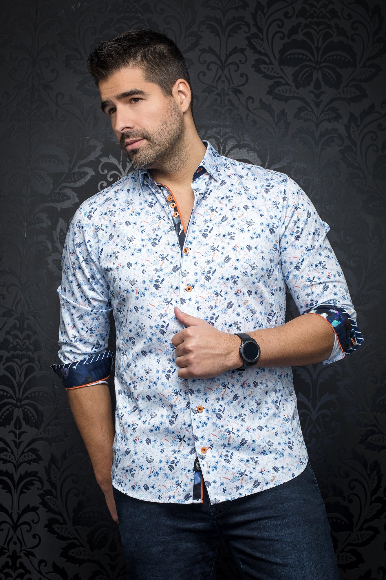 Chemise manches longues pour homme par Au Noir | SALVATORE white blue | Boutique Vvög, inventaire complet de la marque Au Noir