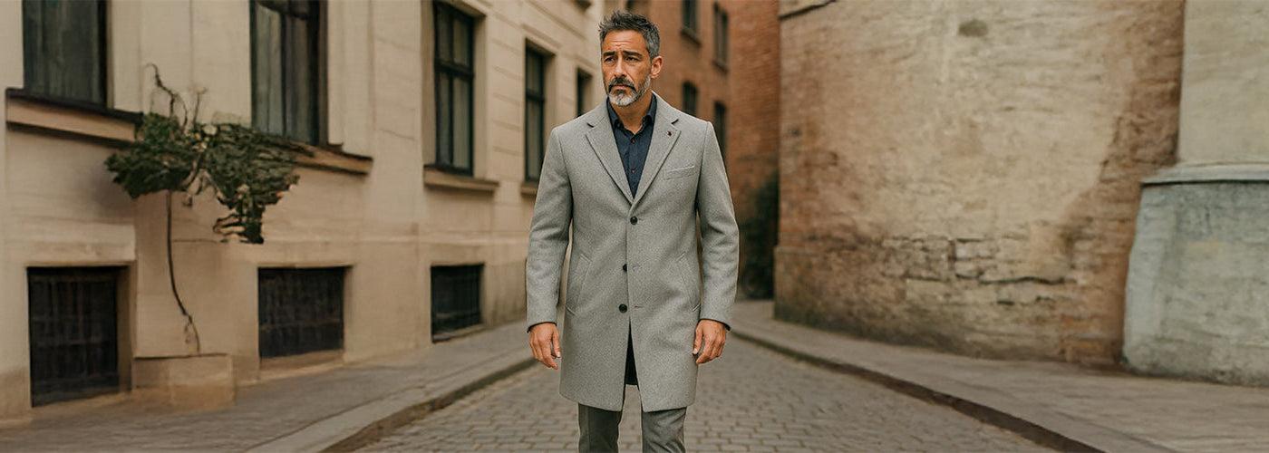 Homme en manteau gris élégant, debout au centre d’une ruelle pavée bordée de murs clairs et de briques.