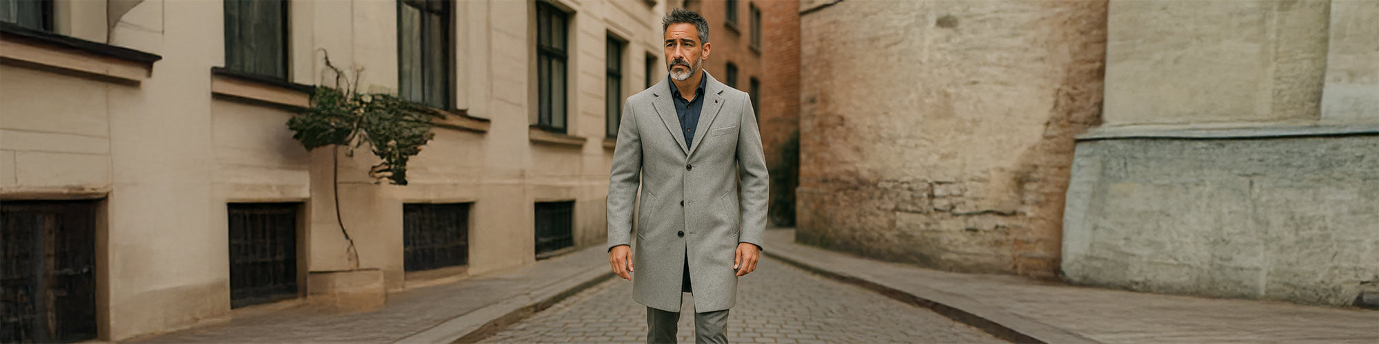 Homme en manteau gris élégant, debout au centre d’une ruelle pavée bordée de murs clairs et de briques.