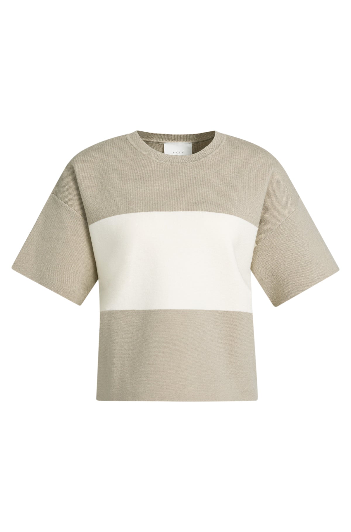 Vue de face du T-Shirt tricoté beige à col rond avec large bande crème pour femme par YAYA