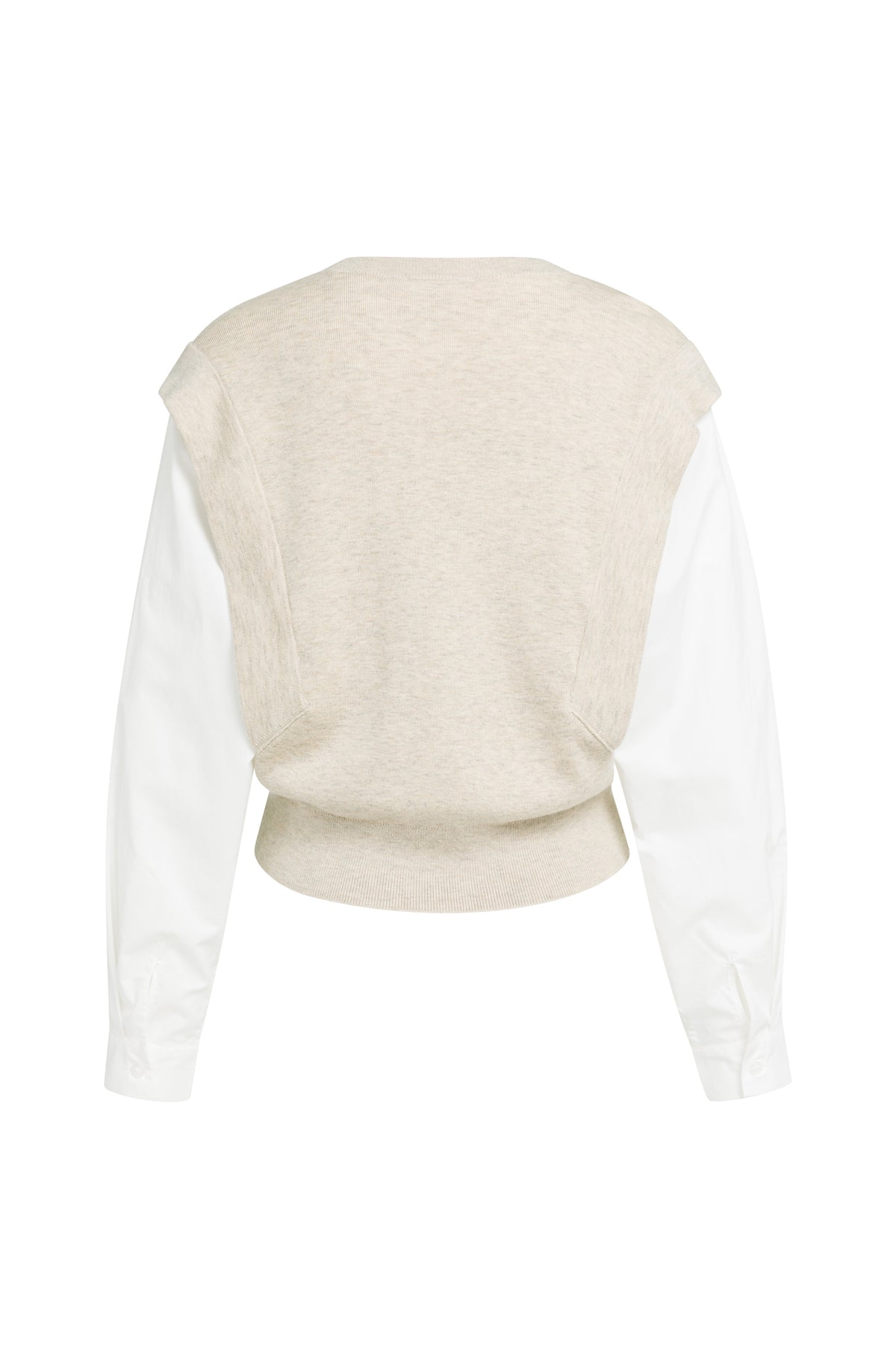 Vue arrière du chandail manches longues en tricot beige avec manches blanches et ourlet côtelé pour femme par YAYA