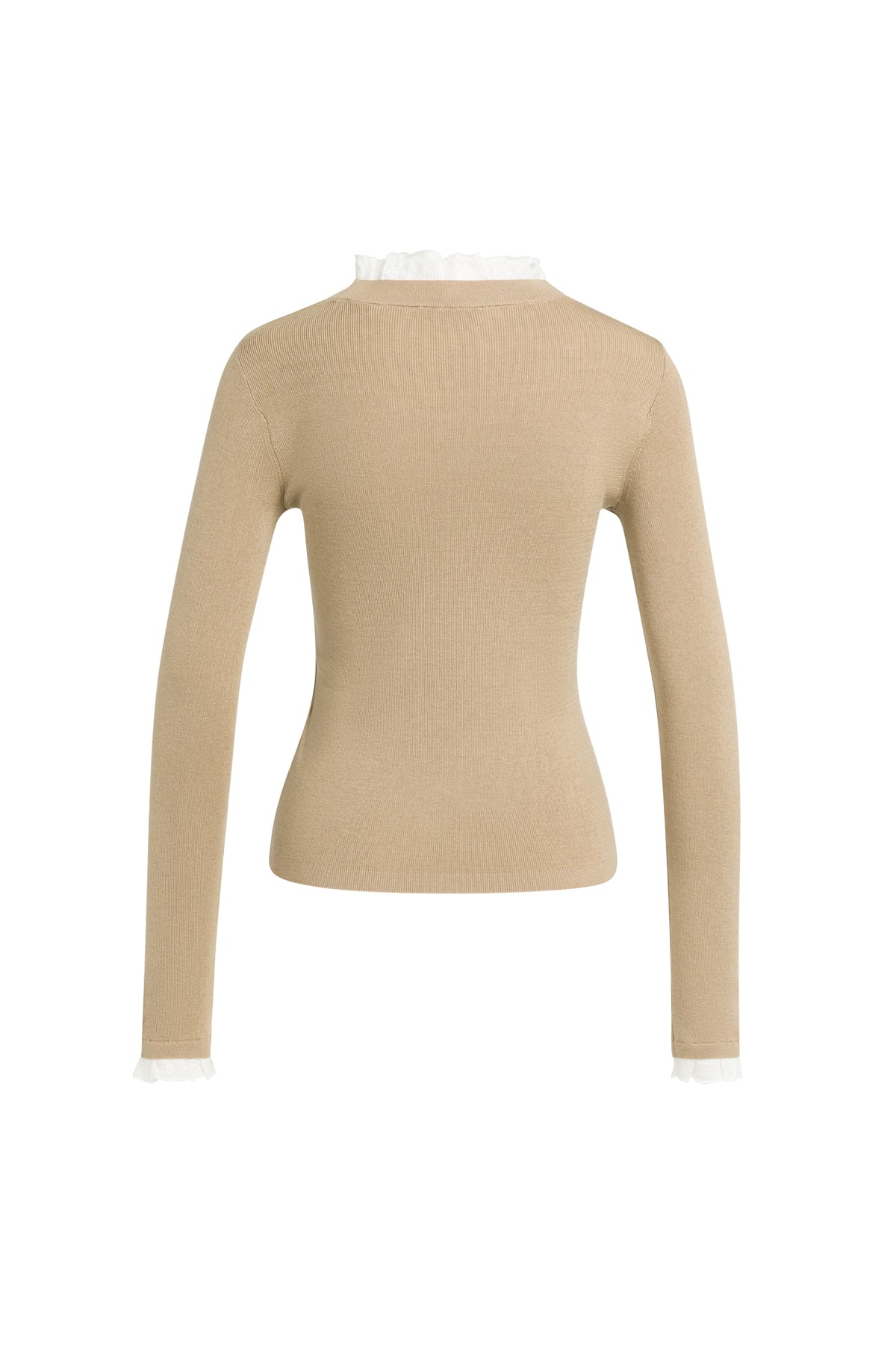 Vue arrière du chandail manches longues en tricot beige avec bord volanté blanc au col et aux poignets pour femme par YAYA