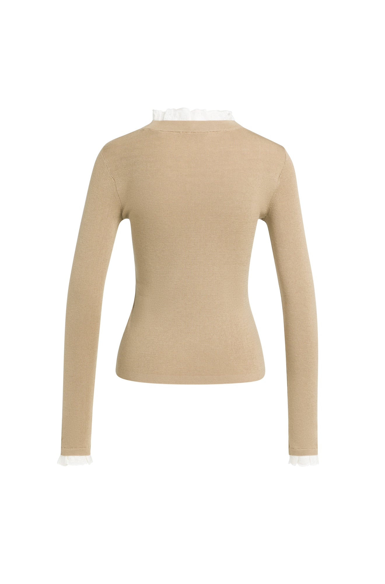 Vue arrière du chandail manches longues en tricot beige avec bord volanté blanc au col et aux poignets pour femme par YAYA