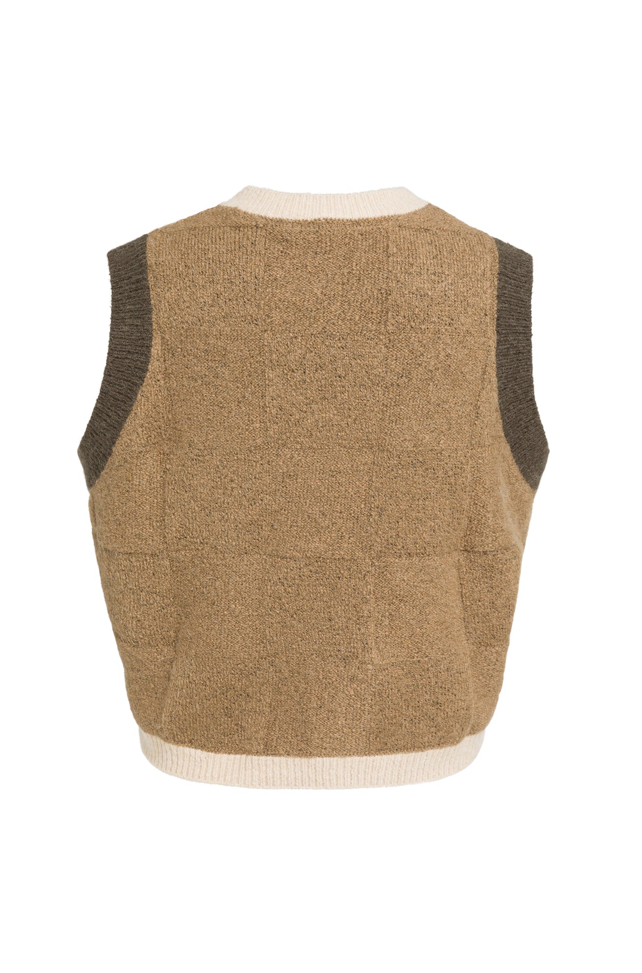 Veste sans manches en tricot camel avec ourlet crème et emmanchures foncées pour femme par YAYA, vue de dos