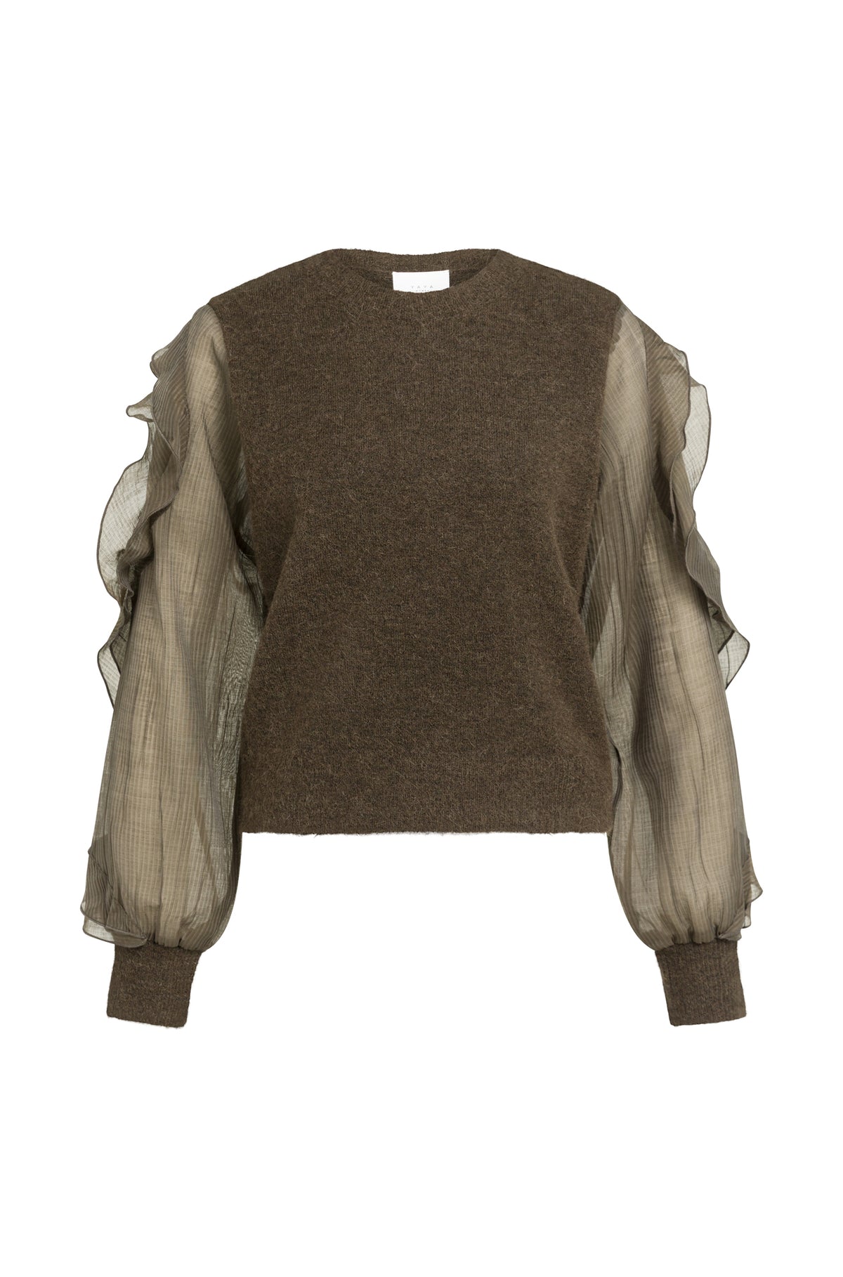 Chandail à manches longues en tricot brun avec manches transparentes à volants pour femme par YAYA, vue avant