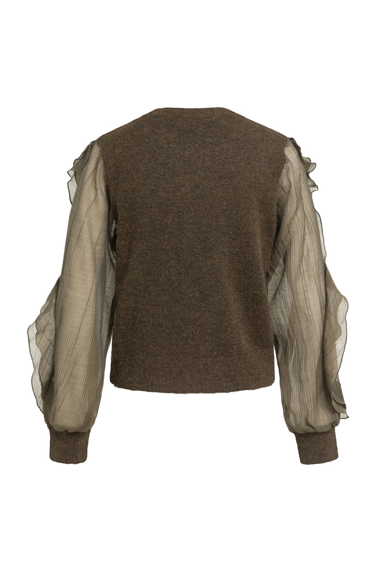 Vue arrière du chandail à manches longues en tricot brun avec manches longues transparentes à volants pour femme par YAYA