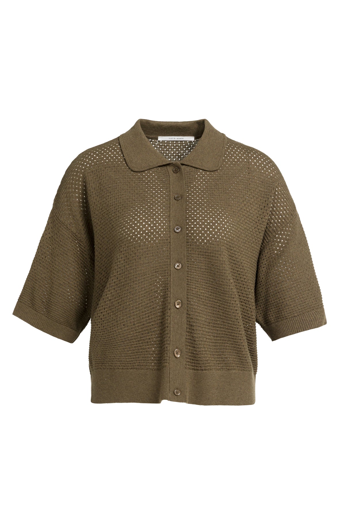Vue de face d’un cardigan ajouré brun olive à manches courtes, col polo et boutons pleine longueur pour femme par YAYA