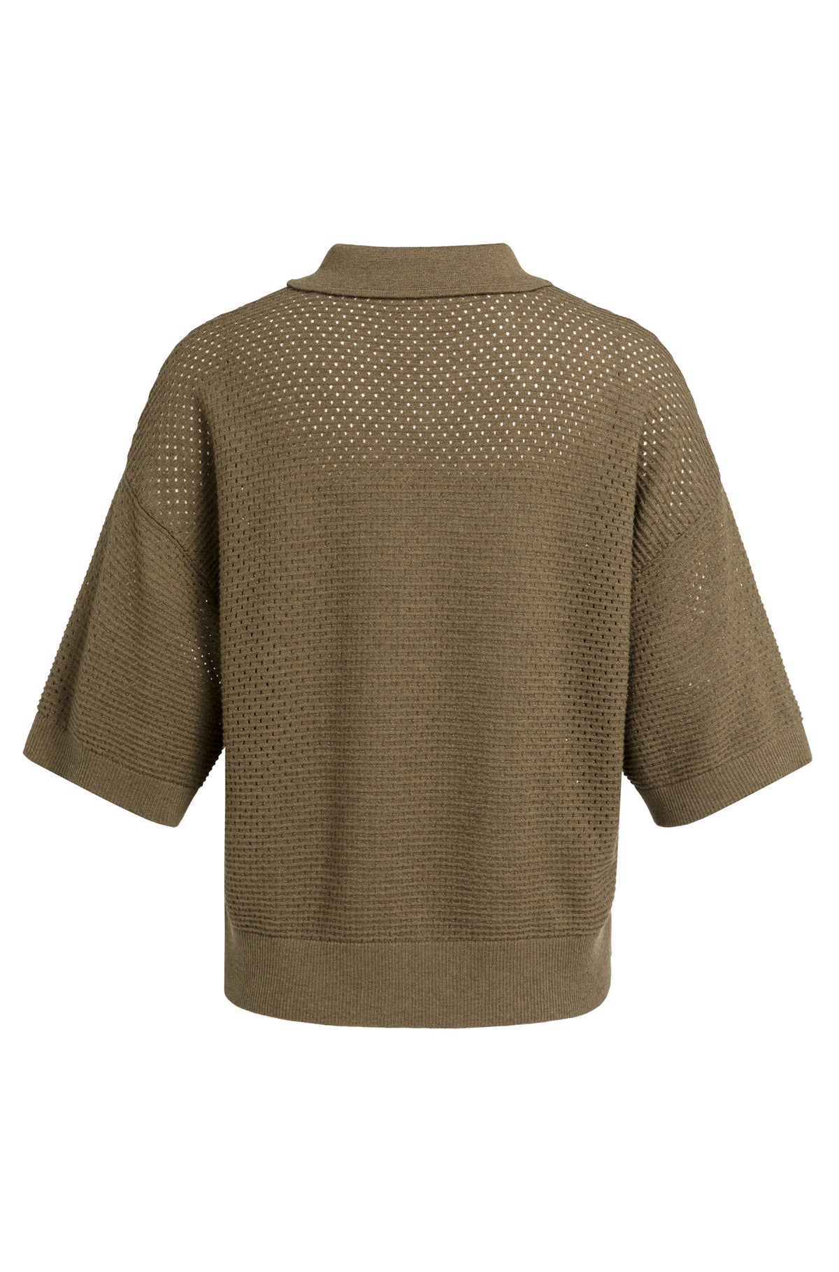Cardigan ajouré brun olive à manches courtes, col, poignets et ourlet côtelés pour femme par YAYA, vue de dos