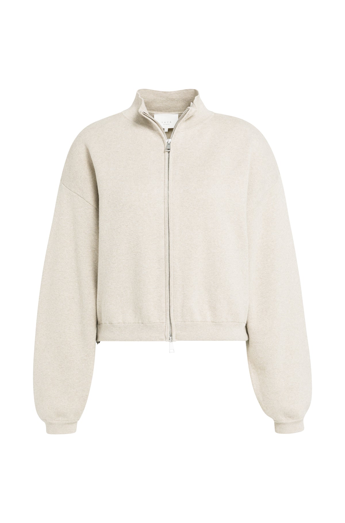 Chandail manches longues en tricot beige pâle à col montant et fermeture éclair en métal pour femme par YAYA, vue avant