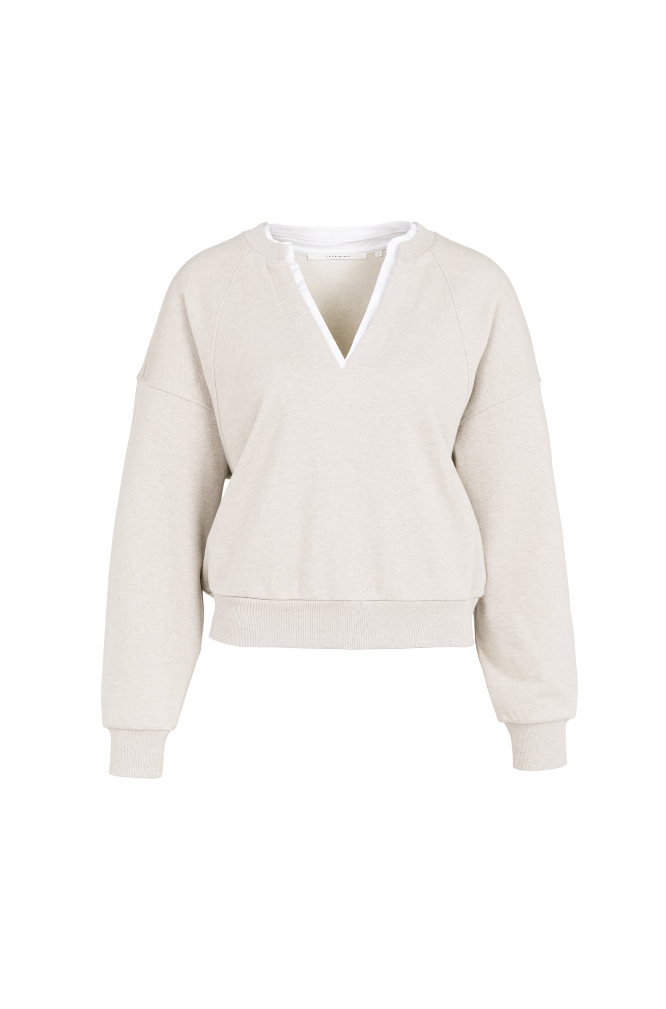 Chandail manches longues beige pâle à encolure en V fendue, bordure blanche pour femme par YAYA, vue de face