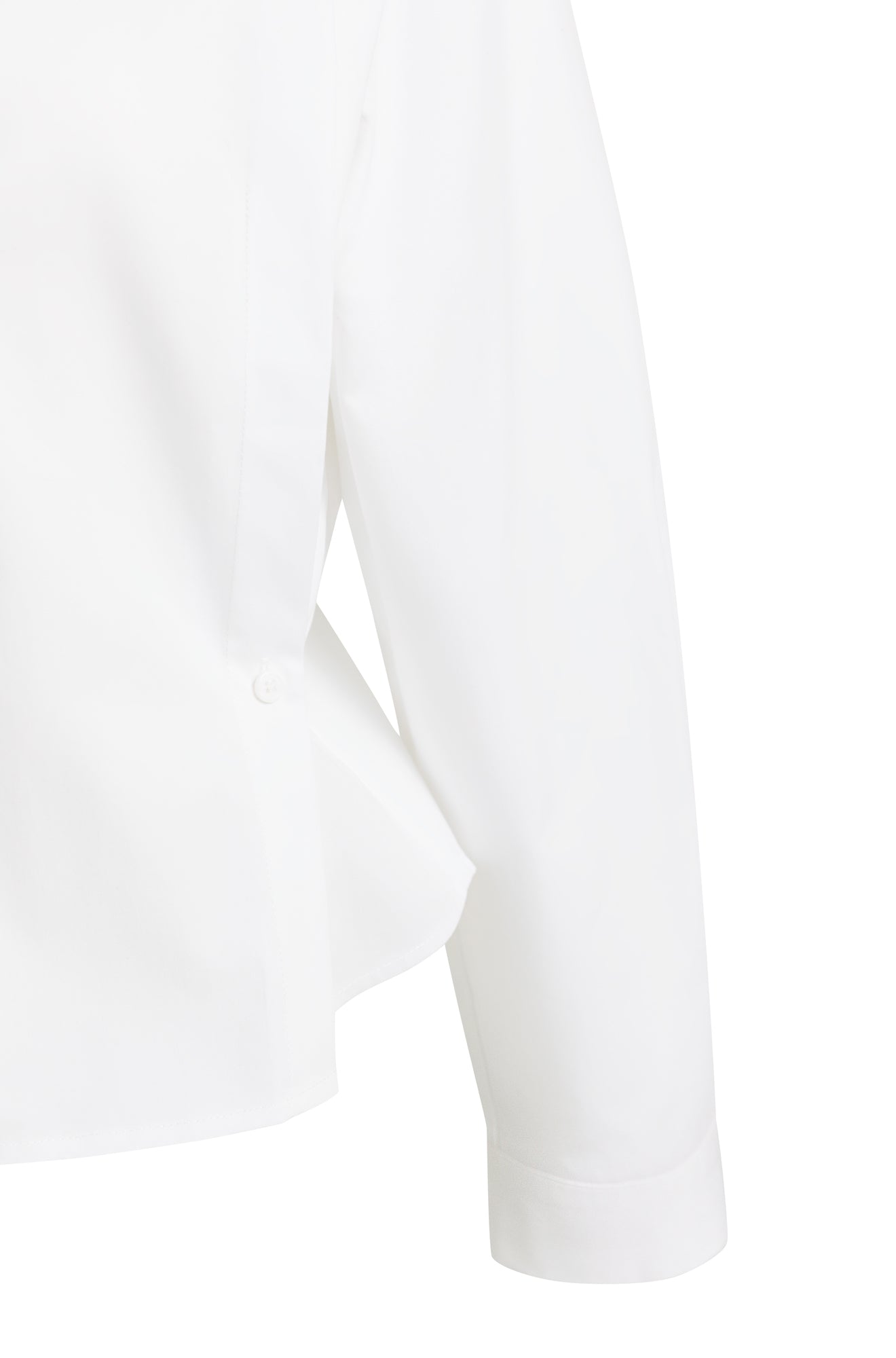 Côté du blouse à manches longues blanche avec ourlet arrondi, manche et bouton avant pour femme par YAYA, en gros plan
