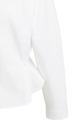 Côté du blouse à manches longues blanche avec ourlet arrondi, manche et bouton avant pour femme par YAYA, en gros plan