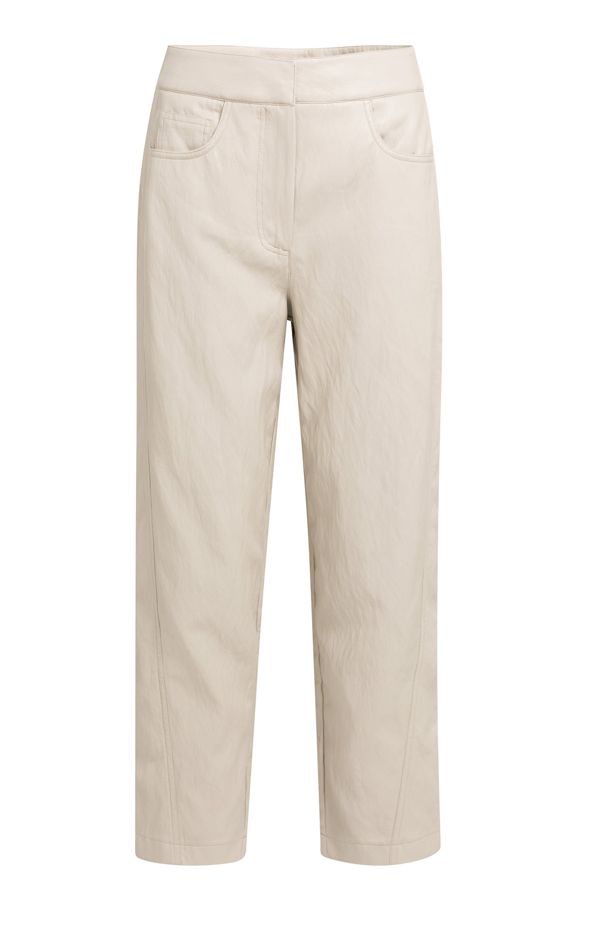 Pantalon jambe droite crème effet cuir isolé de face avec taille large et poches cavalières pour femme par YAYA