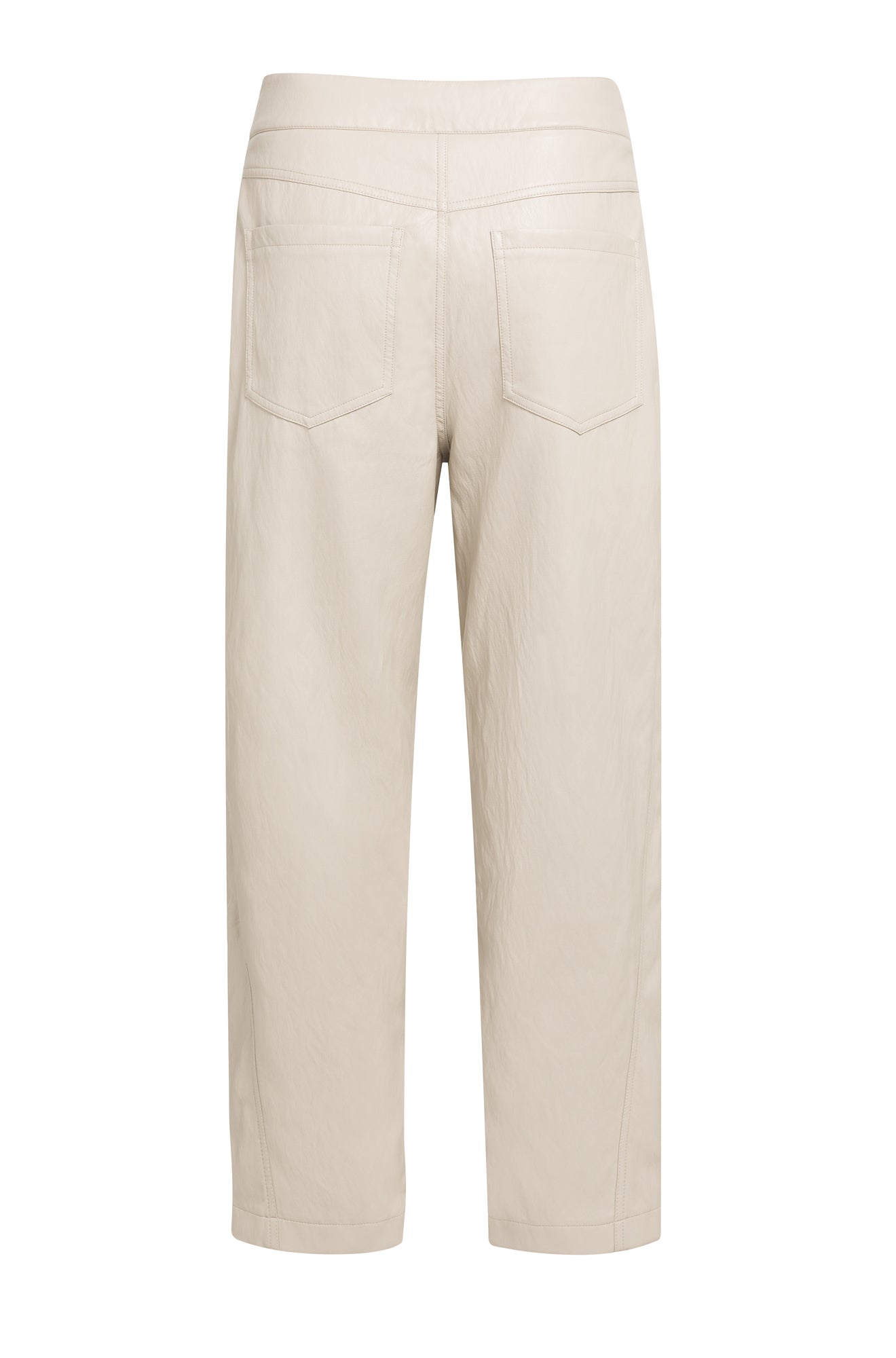 Pantalon jambe droite crème effet cuir isolé de dos avec deux poches plaquées et taille large pour femme par YAYA
