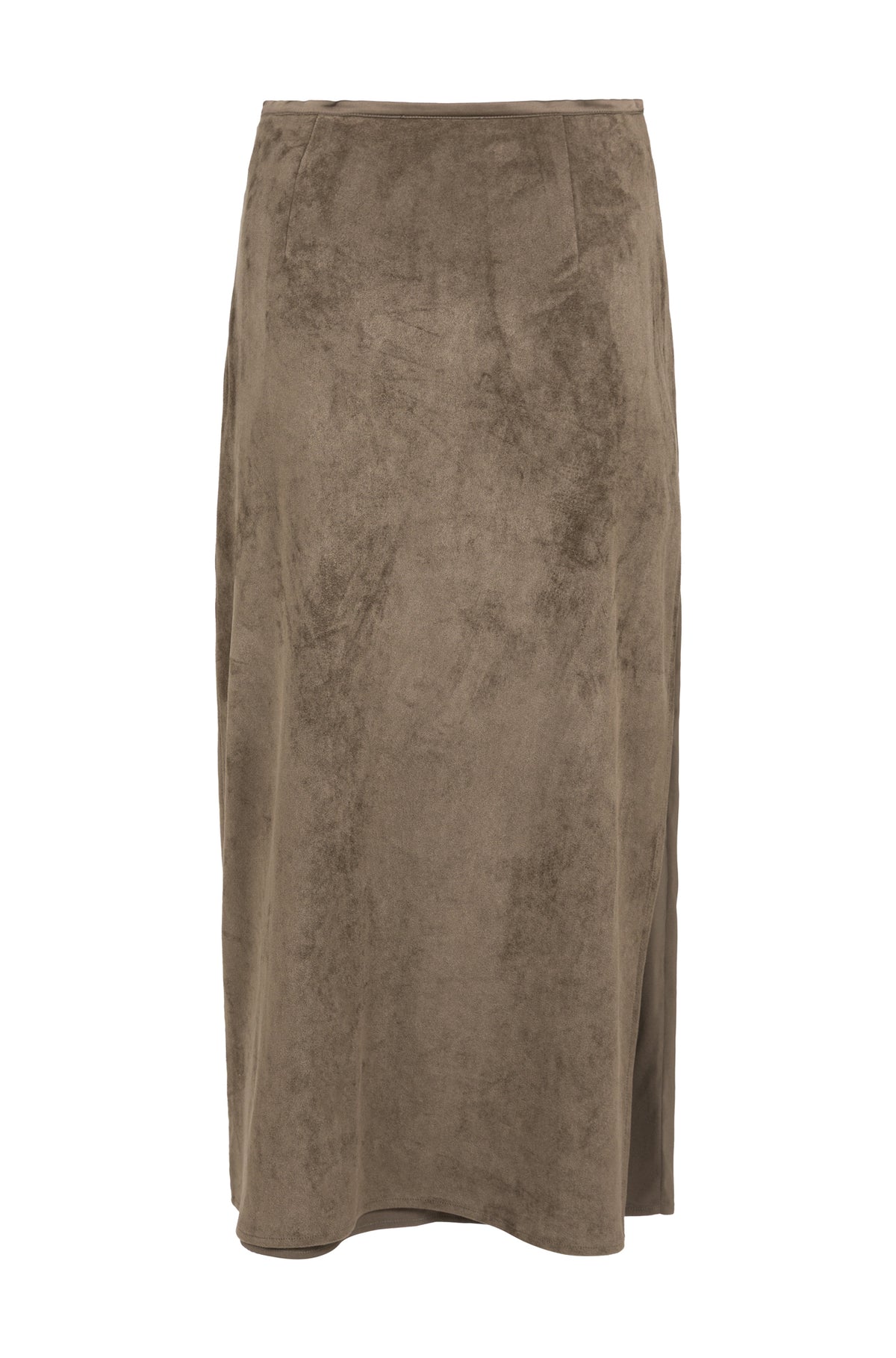 Vue arrière de la jupe maxi taupe effet suède avec pinces à la taille et forme droite pour femme par YAYA