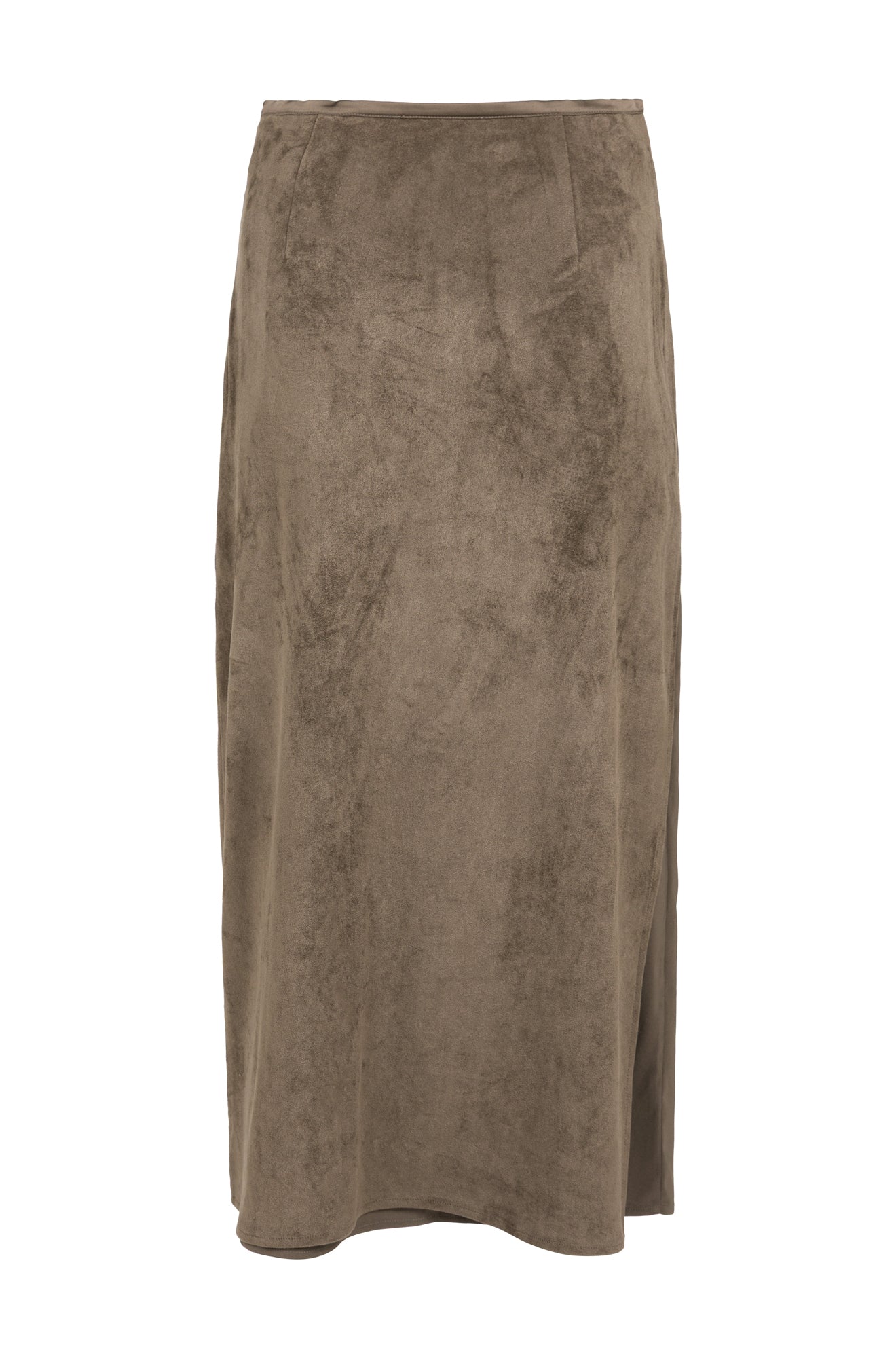 Vue arrière de la jupe maxi taupe effet suède avec pinces à la taille et forme droite pour femme par YAYA