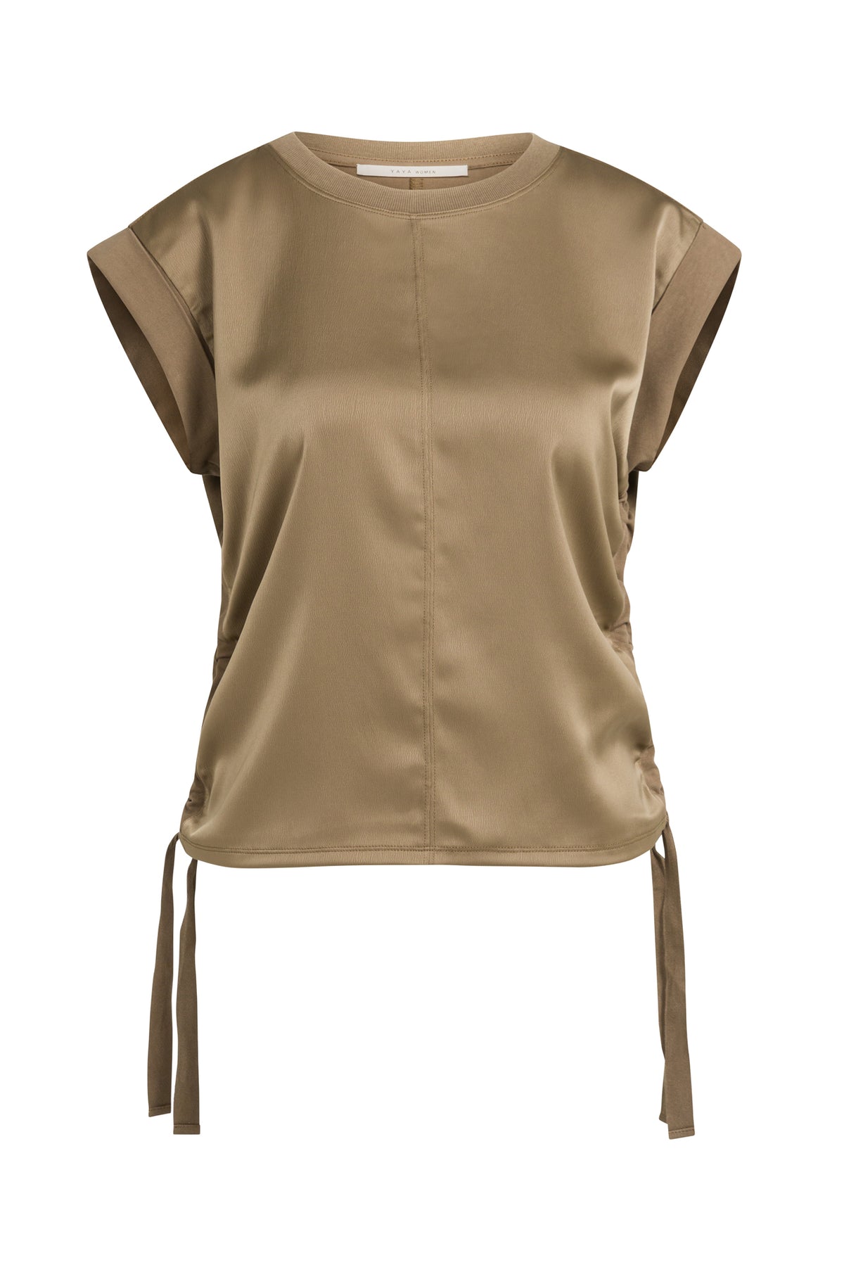 T-Shirt taupe à manches courtes, vue avant, avec couture centrale et longs liens côtés pour femme par YAYA