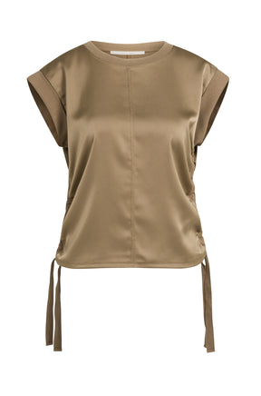 T-Shirt taupe à manches courtes, vue avant, avec couture centrale et longs liens côtés pour femme par YAYA