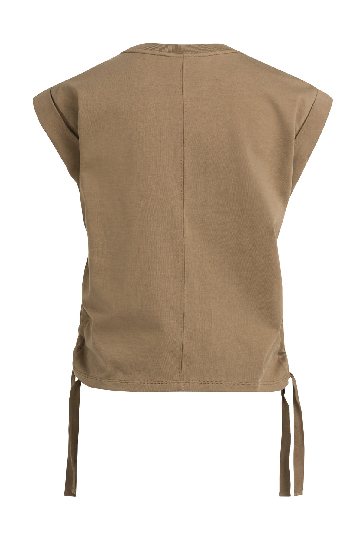 T-Shirt taupe à manches courtes, vue arrière, avec couture centrale et liens côtés pour femme par YAYA
