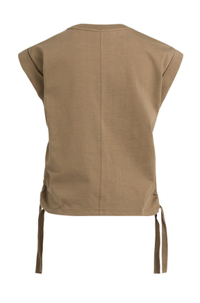 T-Shirt taupe à manches courtes, vue arrière, avec couture centrale et liens côtés pour femme par YAYA