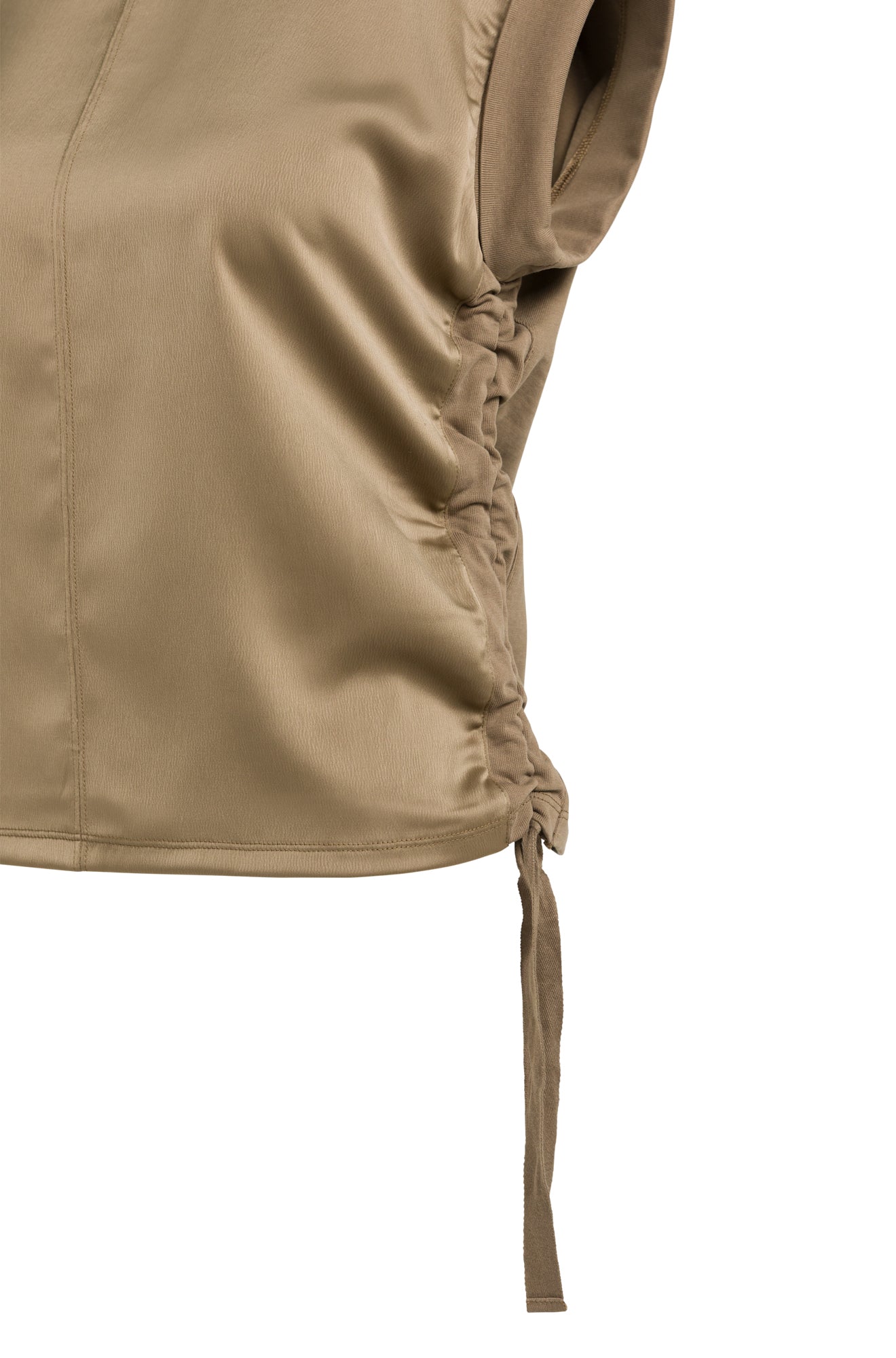 T-Shirt taupe avec fronces latérales, revers de manche, ourlet et lien pour femme par YAYA, en gros plan