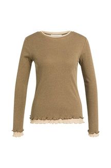 T-Shirt manches longues brun taupe avec ourlet et poignets ondulés beige pour femme par YAYA, vue de face