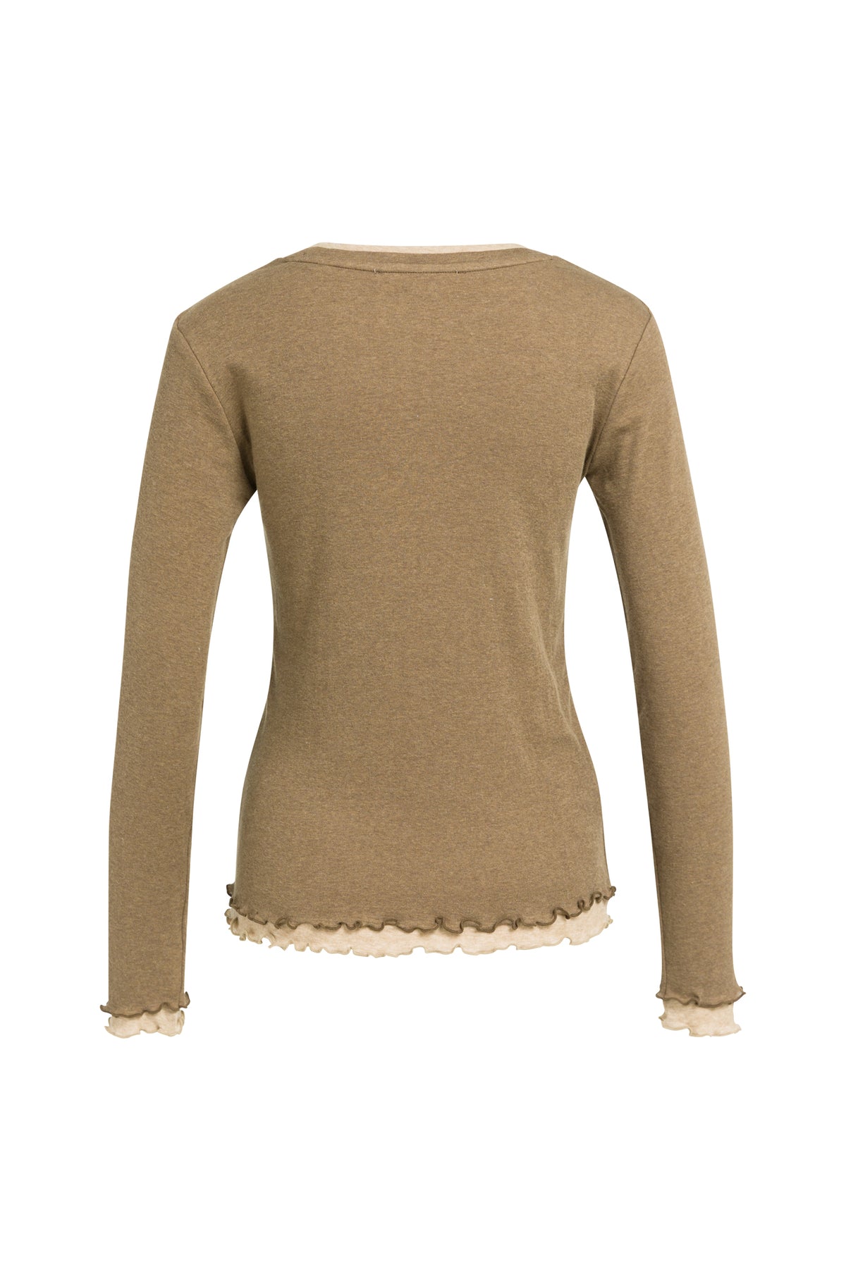 Vue de dos du T-Shirt manches longues brun taupe avec ourlet et poignets ondulés beige pour femme par YAYA