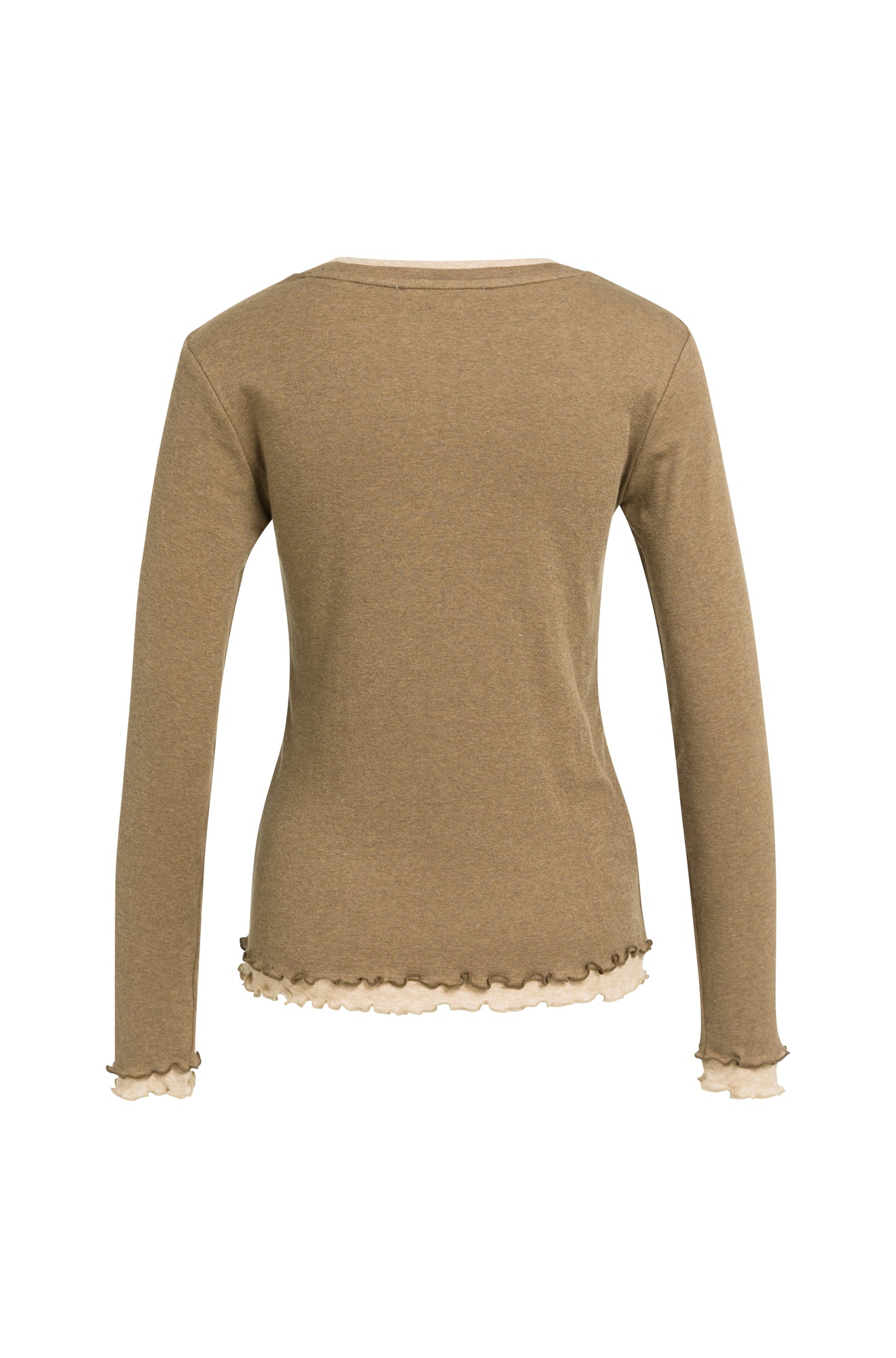 Vue de dos du T-Shirt manches longues brun taupe avec ourlet et poignets ondulés beige pour femme par YAYA