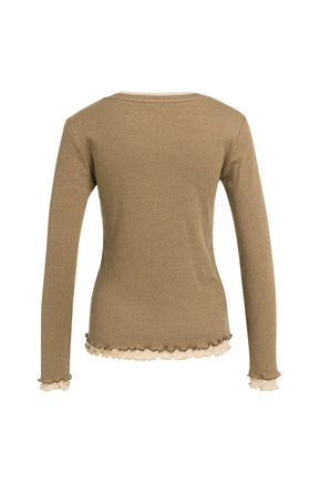 Vue de dos du T-Shirt manches longues brun taupe avec ourlet et poignets ondulés beige pour femme par YAYA