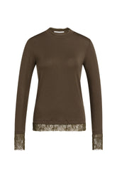 T-Shirt à manches longues brun olive avec col rond et bordure ajourée aux poignets, vue produit pour femme par YAYA