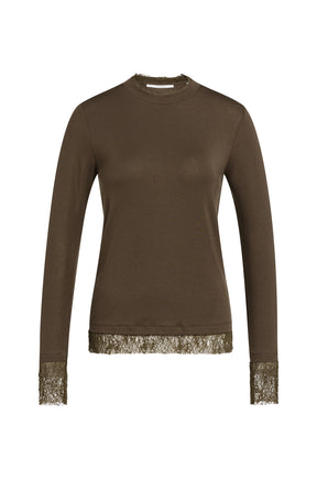 T-Shirt à manches longues brun olive avec col rond et bordure ajourée aux poignets, vue produit pour femme par YAYA