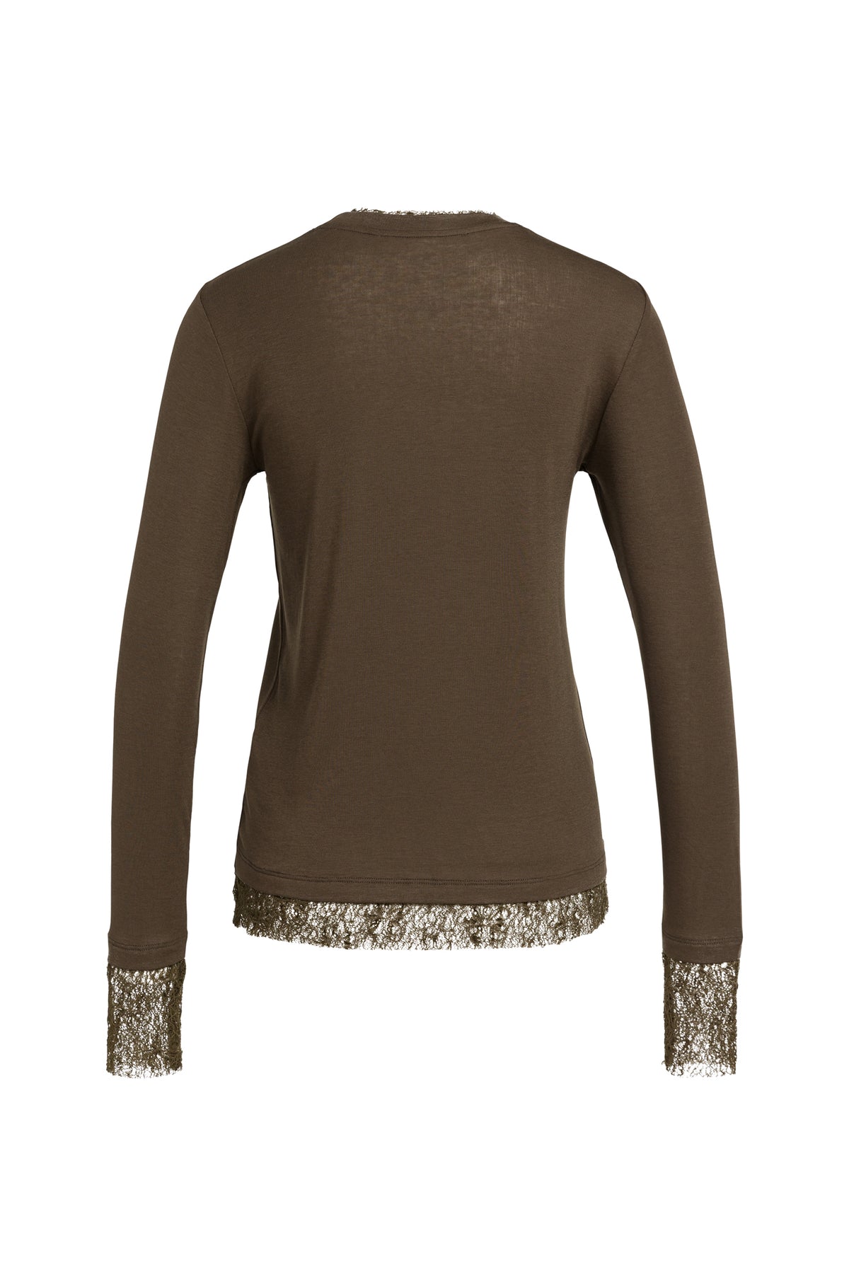 Vue arrière du T-Shirt à manches longues brun olive avec bordure ajourée aux poignets et à l’ourlet pour femme par YAYA