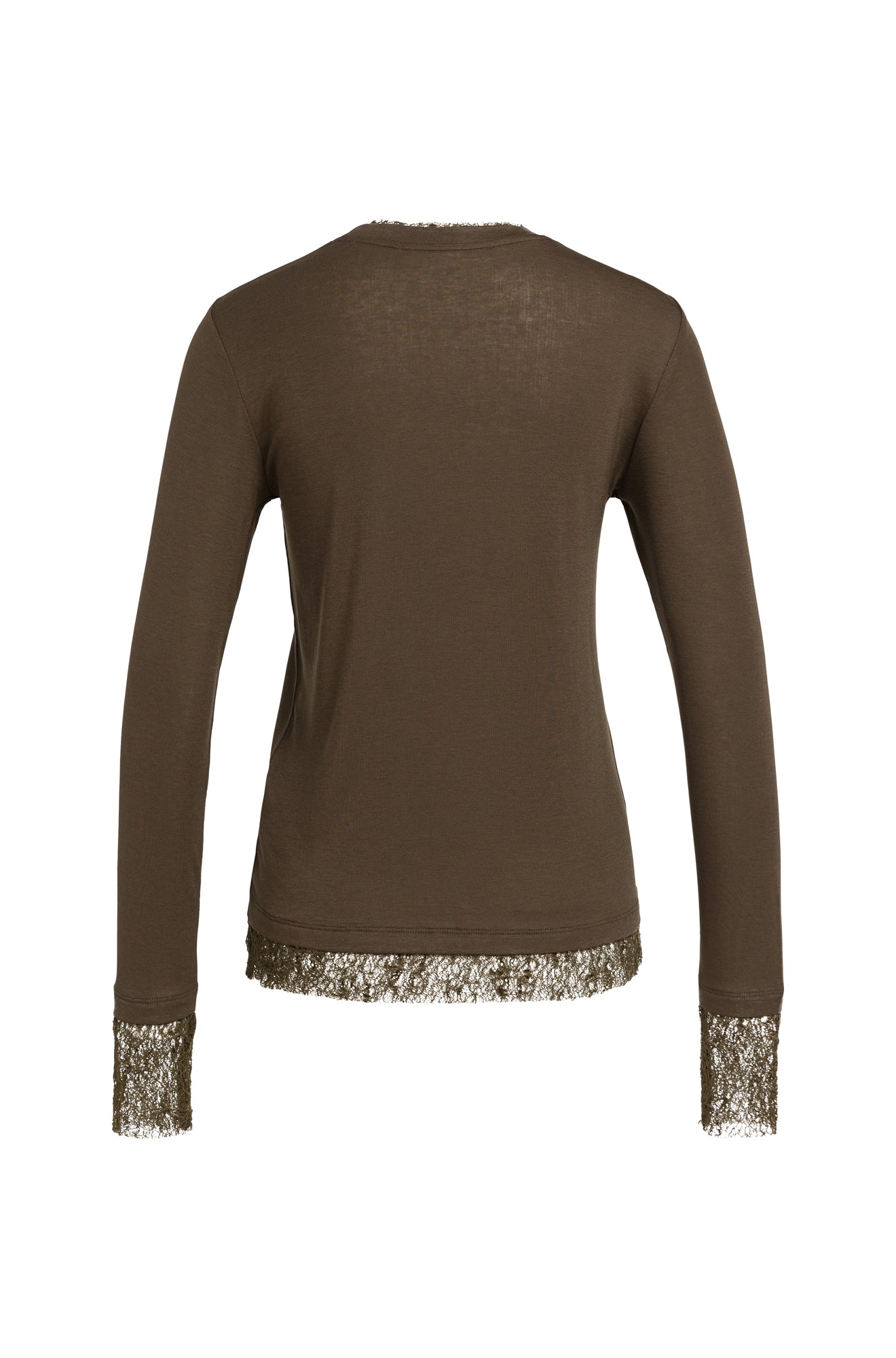 Vue arrière du T-Shirt à manches longues brun olive avec bordure ajourée aux poignets et à l’ourlet pour femme par YAYA
