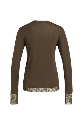 Vue arrière du T-Shirt à manches longues brun olive avec bordure ajourée aux poignets et à l’ourlet pour femme par YAYA