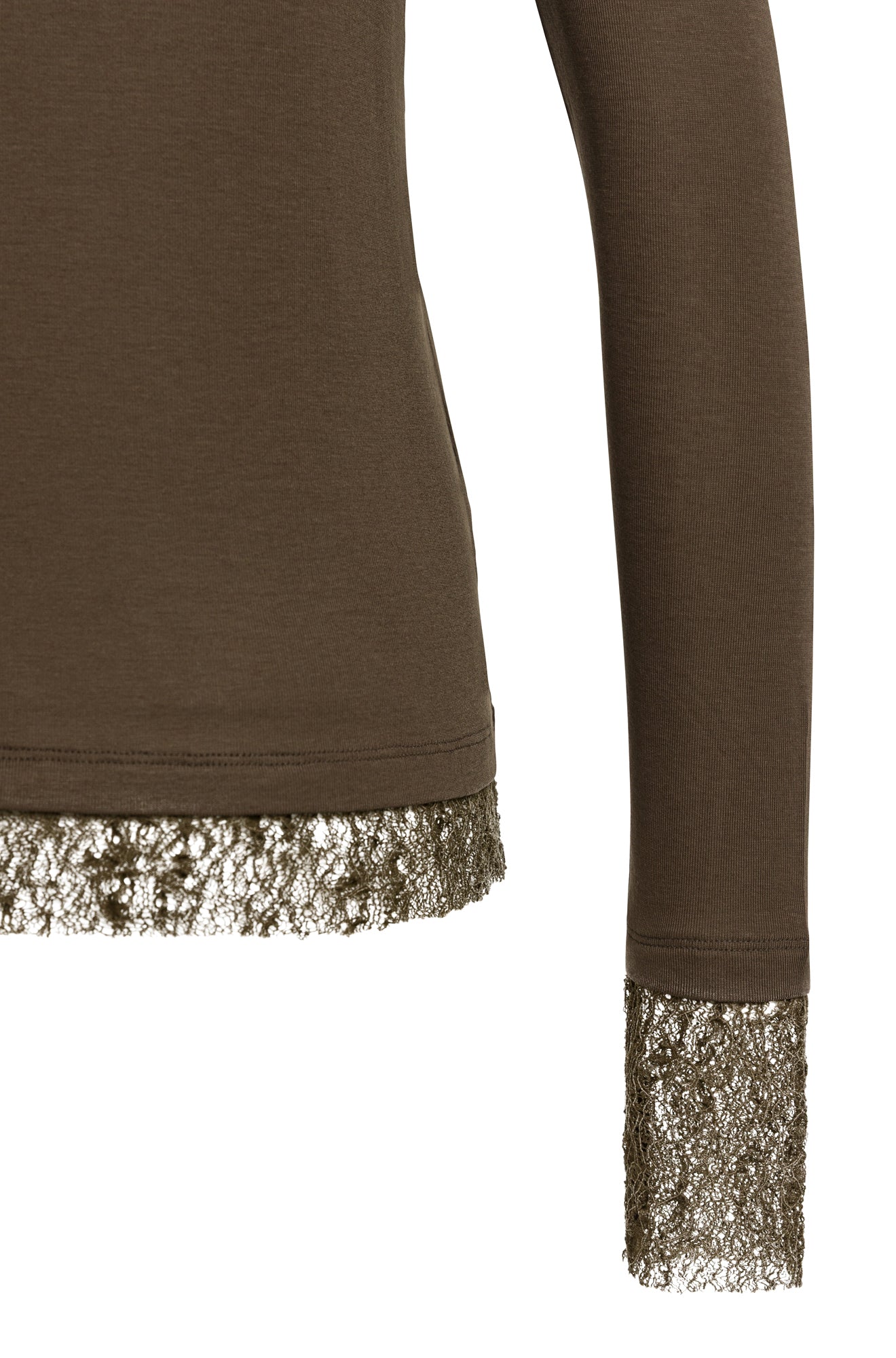Détail du T-Shirt manches longues en jersey brun olive avec bordure ajourée au poignet et à l’ourlet pour femme par YAYA