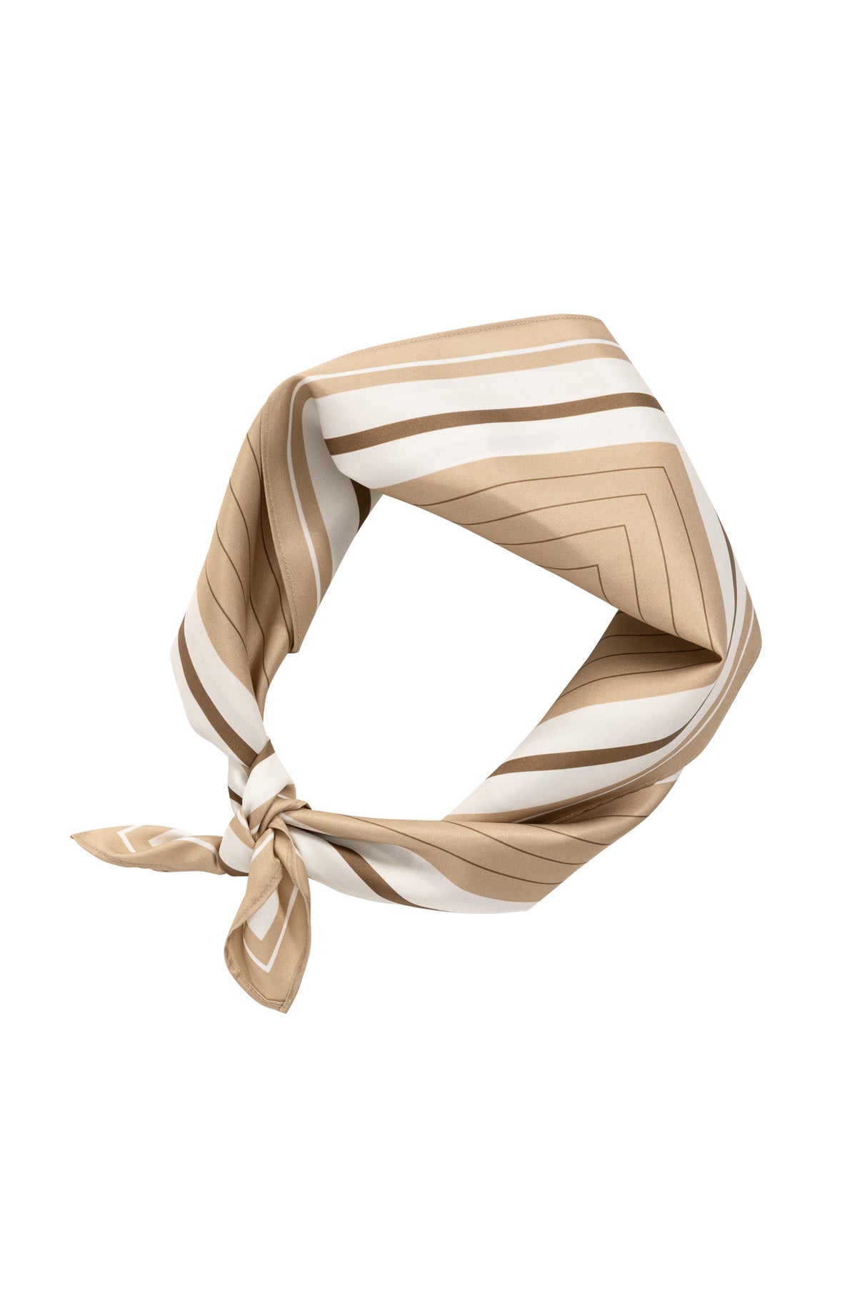 Foulard carré beige noué en boucle, avec rayures brunes et ivoire et bords cousus, vue produit pour femme par YAYA