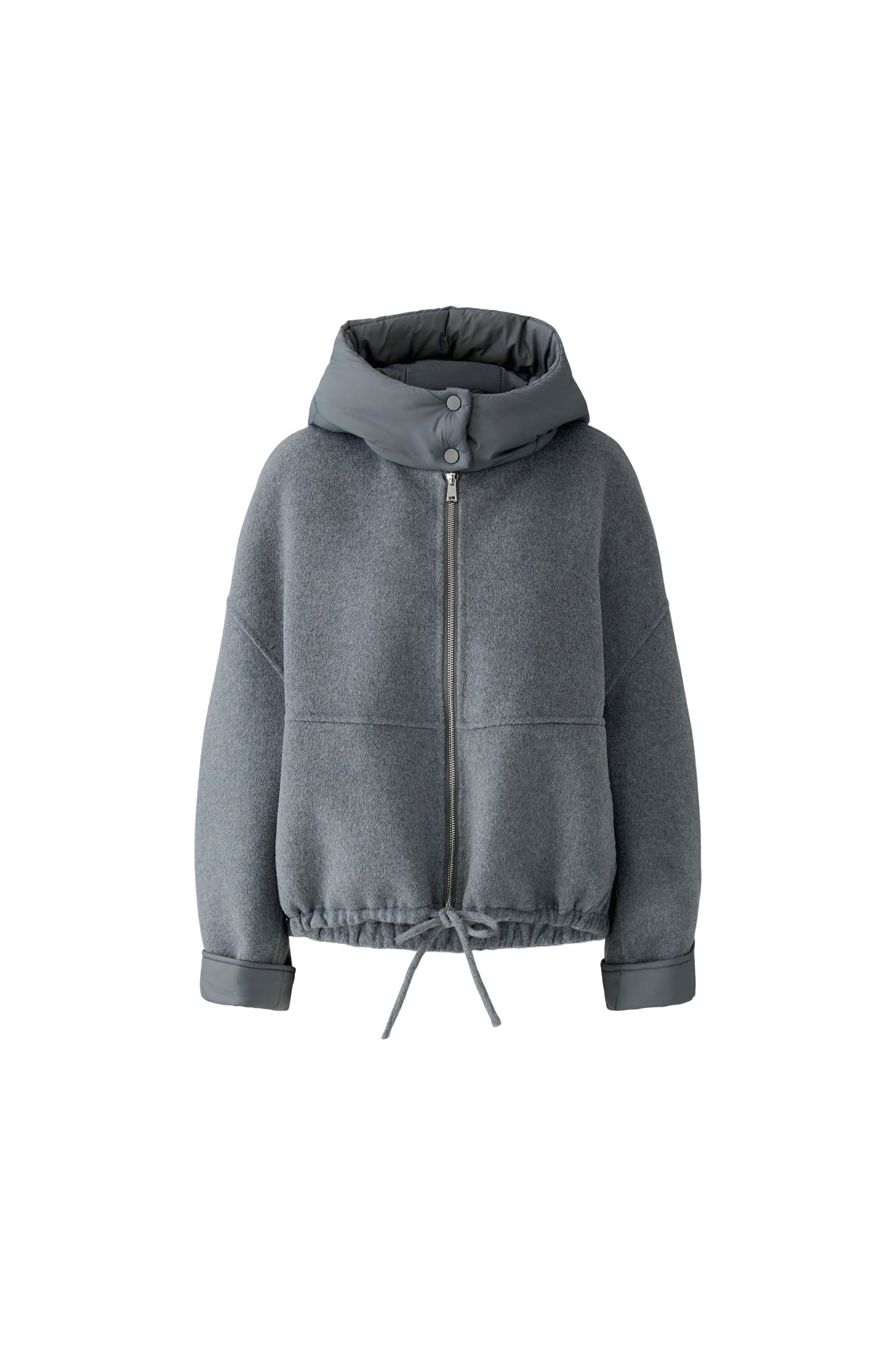 Oui women's gray hooded zip jacket with padded collar, metal zipper, and drawcord hem shown from the front