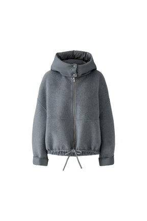 Oui women's gray hooded zip jacket with padded collar, metal zipper, and drawcord hem shown from the front