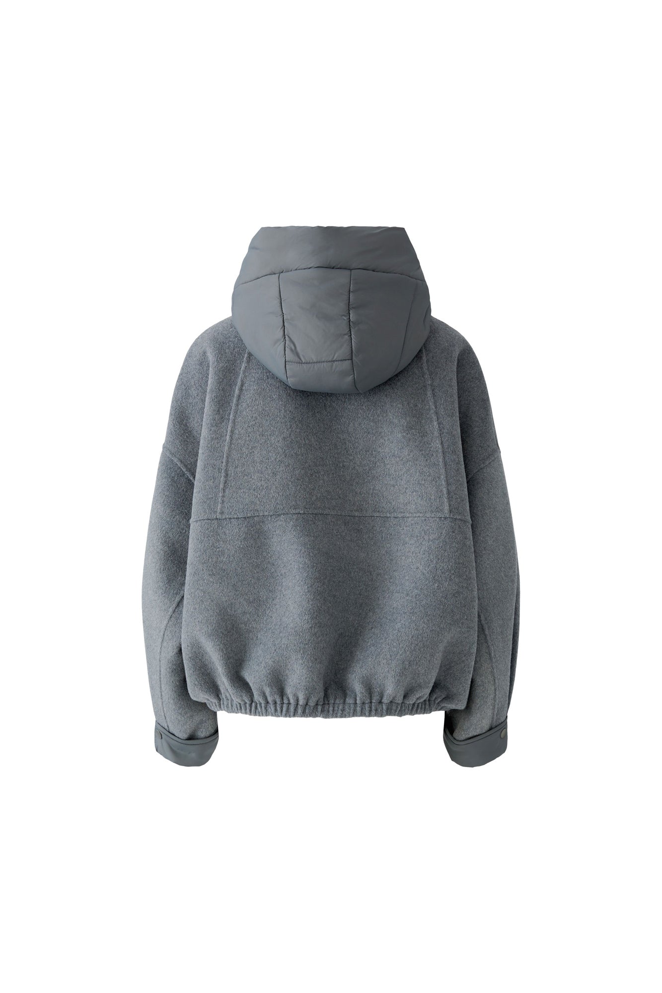 Oui women's gray hooded zip jacket with padded hood panels and gathered hem shown from the back