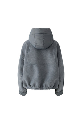 Oui women's gray hooded zip jacket with padded hood panels and gathered hem shown from the back