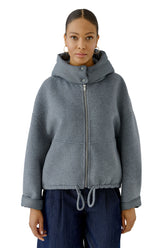 Oui women's gray hooded zip jacket with padded collar, metal zipper, and drawstring hem shown from the front