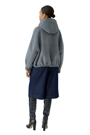 Oui women's gray hooded zip jacket with padded hood, elastic hem, and dropped sleeves, back model view