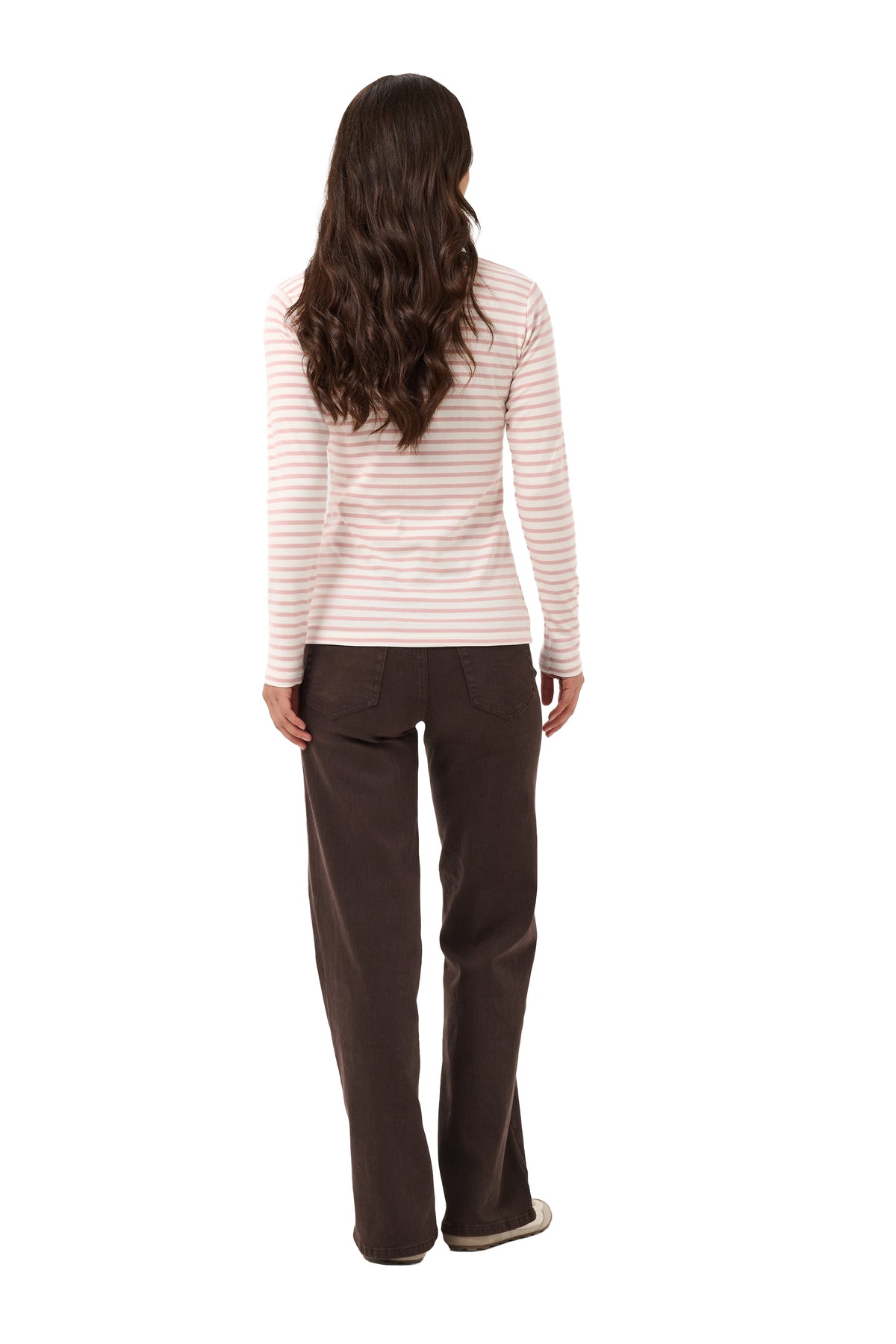 Kaffe women's cream and pale pink striped long sleeve T-Shirt with straight hem shown from the back