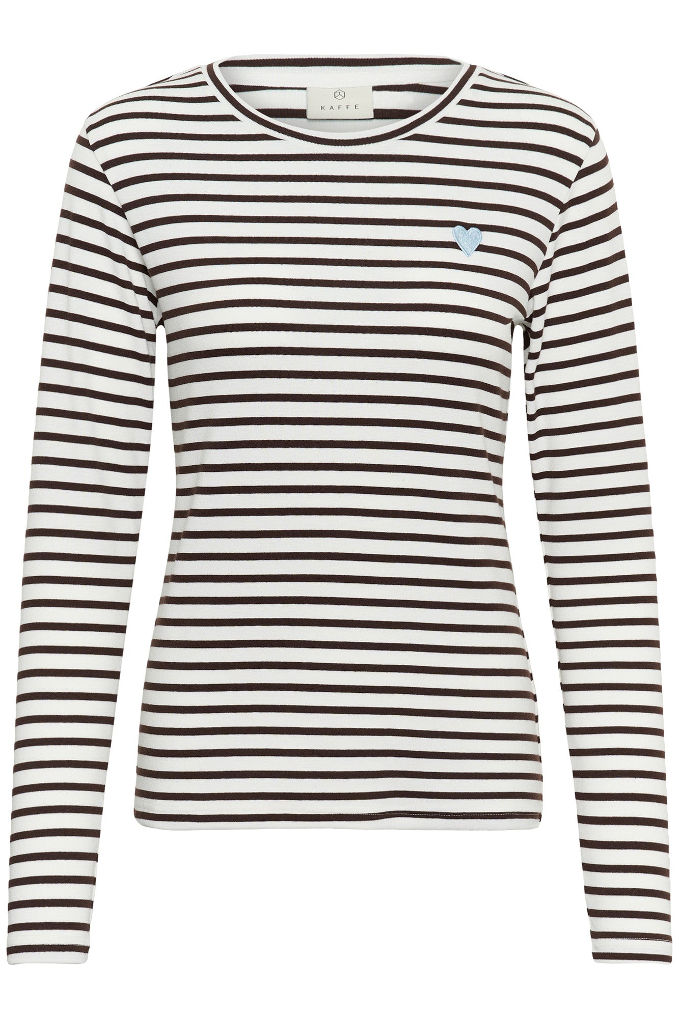 T-Shirt manches longues ivoire rayé brun avec cœur bleu à la poitrine pour femme par Kaffe, vue avant