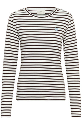 T-Shirt manches longues ivoire rayé brun avec cœur bleu à la poitrine pour femme par Kaffe, vue avant